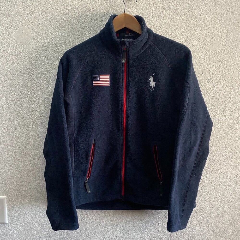 Polo by Ralph Lauren Navy Fleece Jacket with Red Trim & USA Patch